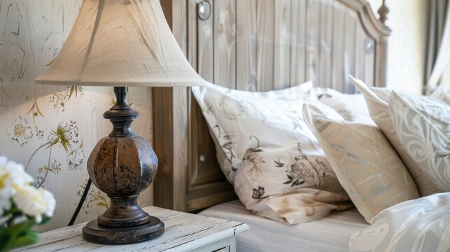 Wooden bedside cabinet and lamp on it near bed with fabric headboard against window. Scandinavian, province style interior design of modern bedroom.