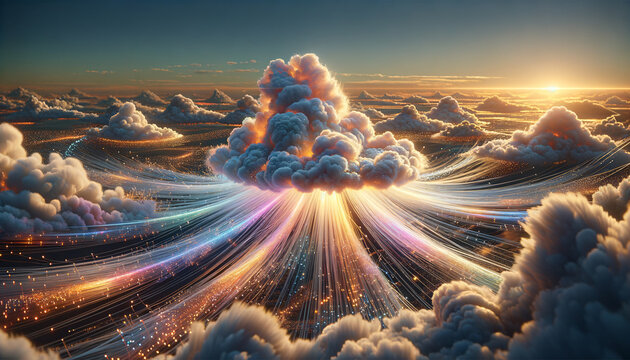 Whimsical Cloud Networking: Vibrant Data Transfer in a Photorealistic Image.