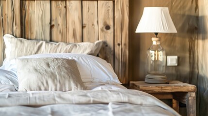 Wooden bedside cabinet and lamp on it near bed with fabric headboard against window. Scandinavian, province style interior design of modern bedroom.