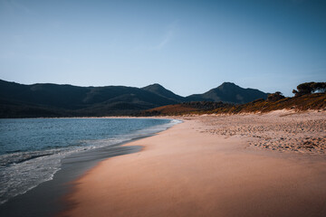 Sunrise Sunset Aerial view of Wineglass Bay beach and mount amos. Freycinet Park, Tasmania, Australia
