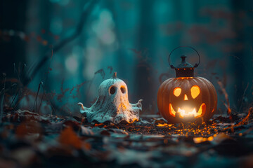 A pumpkin with a lantern and a ghost