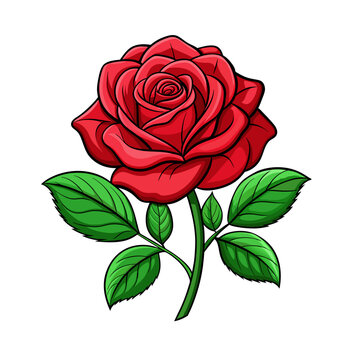 redcartoon rose flower with green leaves on white