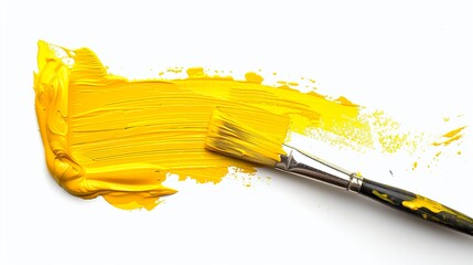 A white background transformed by a single hand -made brushstroke, plunged into the vibrant yellow color that radiates energy and expressiveness. Expressive mark of yellow brushstroke.