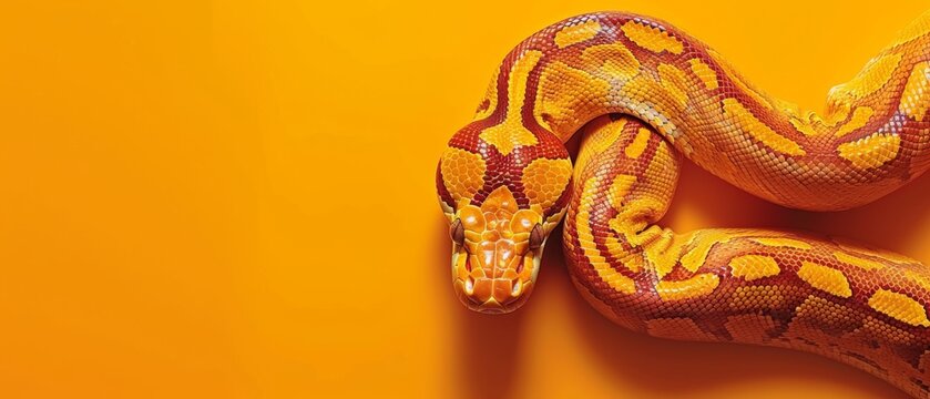  a close up of a yellow and orange snake on a yellow background with a shadow of the snake on the right side of the image.