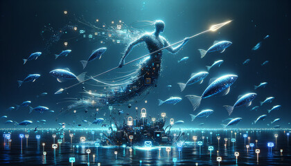 Surreal Spearfisher in Digital Ocean: Cybersecurity Reflection - obrazy, fototapety, plakaty