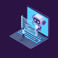 isometric illustration of AI robot with people