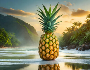 Abstract Pineapple with leaves creative pattern isolated on sea view  background.