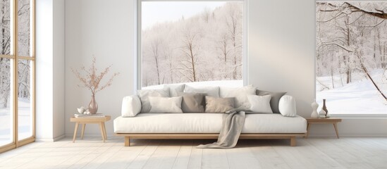A white living room with various types of furniture including a sofa, chairs, and tables. A painting decorates the large white wall with a landscape theme. The wooden floor adds warmth to the room,