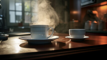 A cup of coffee on the table in the kitchen. Morning coffee. Morning coffee concept - obrazy, fototapety, plakaty