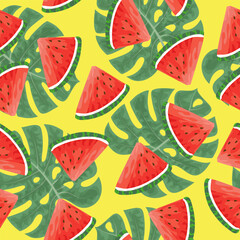 Seamless pattern with hand drawn  watermelon slace and tropical monstera leaves on yellow background.