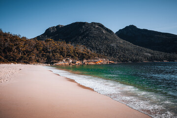 Sunrise Sunset Aerial view of Wineglass Bay beach and mount amos. Freycinet Park, Tasmania, Australia