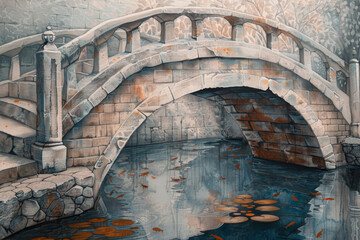A stone bridge spans an abstract river. Its arches curve gracefully, suggesting movement.