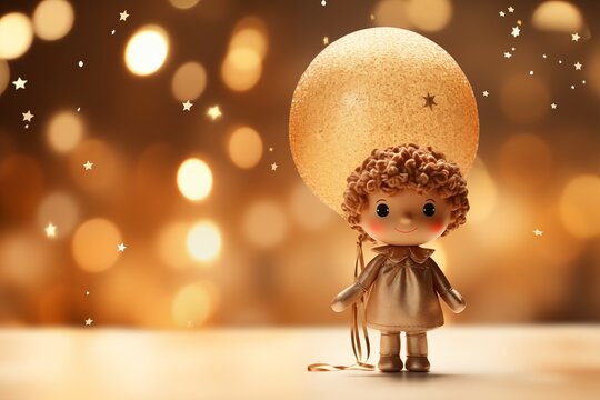 closeup cute doll with balloon on soft blue bokeh background with copy space
