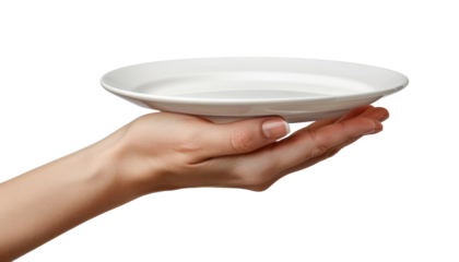 Hands holding a plain white plate, set against a simple and clean background, focusing solely on the hands and the plate, cut out transparent isolated on white background ,PNG file.