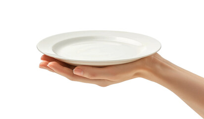 Hands holding a plain white plate, set against a simple and clean background, focusing solely on the hands and the plate, cut out transparent isolated on white background ,PNG file.