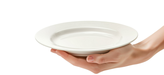 Hands holding a plain white plate, set against a simple and clean background, focusing solely on the hands and the plate, cut out transparent isolated on white background ,PNG file.