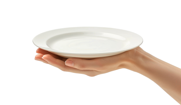 Hands holding a plain white plate, set against a simple and clean background, focusing solely on the hands and the plate, cut out transparent isolated on white background ,PNG file.