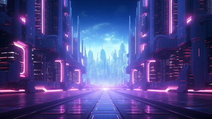 Night city street with neon illumination, metaverse technology glow buildings, perspective view from rooftop. Urban architecture, megalopolis infrastructure in darkness.