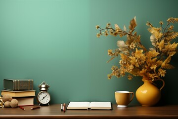 Work desk or reading table on green wall background