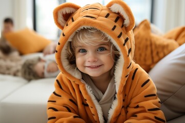 a kid in a tiger doll outfit on white living room background