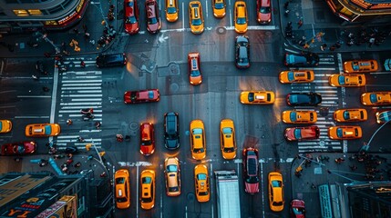 Overhead shot of vehicles crisscrossing at a busy intersectio , taxis and cars mingle