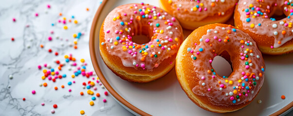 A plate of seed-covered bagels alongside a variety of colorful glazed donuts with sprinkles, showcasing a delicious assortment of bakery treats for breakfast.