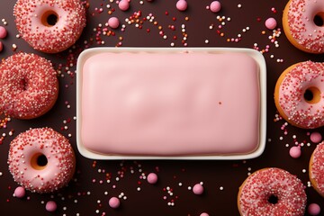 Card template with delicious donut with topping on soft pink and white background