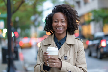 Mujer joven afroamericana sosteniendo un café en sus manos, vistiendo gabardina y camisa negra paseando por una calle de la ciudad en invierno, sobre fondo desenfocado de paisaje urbano con árboles - obrazy, fototapety, plakaty