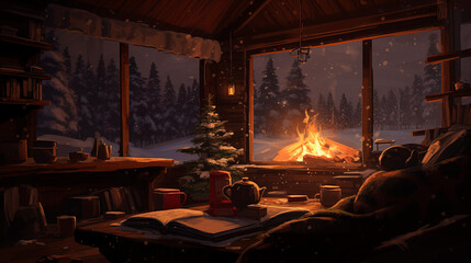 Hidden away in a snow-draped forest, a snug cabin exudes warmth and hospitality, its chimney sending plumes of smoke spiraling into the wintry sky.