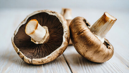 Delicious and fresh Portobello mushrooms. a culinary harvest in the forest - obrazy, fototapety, plakaty