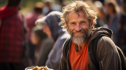 Homeless bearded man getting food. Poor and homeless individuals of all races are fed by the non-profit organization at a food drive. - obrazy, fototapety, plakaty