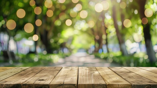 Wooden table or surface with blurred summer forest background