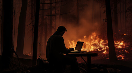
A Fireman, illuminated by the eerie glow of flames, his silhouette outlined against the night sky, typing frantically on a laptop amidst the dense foliage of a forest consumed by fire.