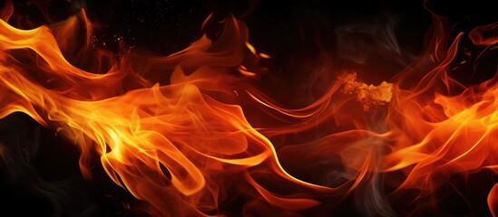 A close-up view of realistic fire flames blazing on a dark black background. The intense movement and textures of the fiery flames create a striking visual effect.