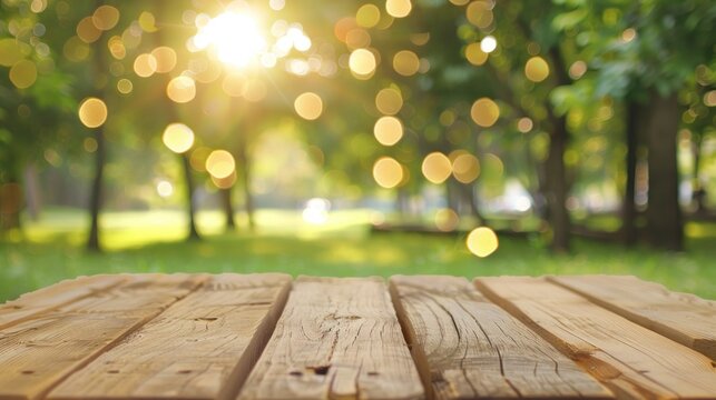 Wooden table or surface with blurred summer forest background