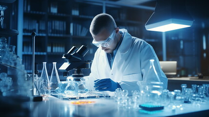 Man working in lab. Scientist doctor making medical research. Laboratory tools: microscope, test tubes, equipment. Biotechnology, chemistry, science, experiments and healthcare.