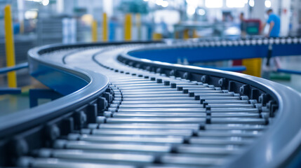 Focused view on a curved conveyor belt system within an industrial production facility, highlighting modern automation