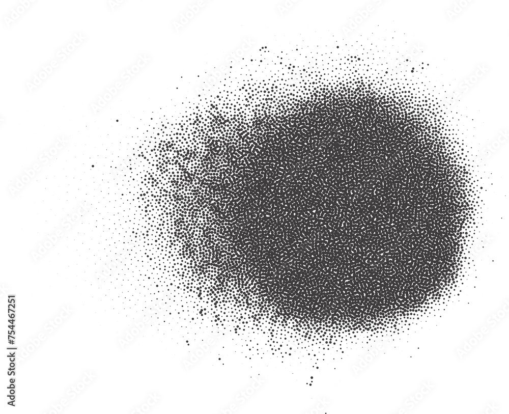 Poster halftone dotted circle shape. stipple blob. noisy abstract design element with grainy shadow texture