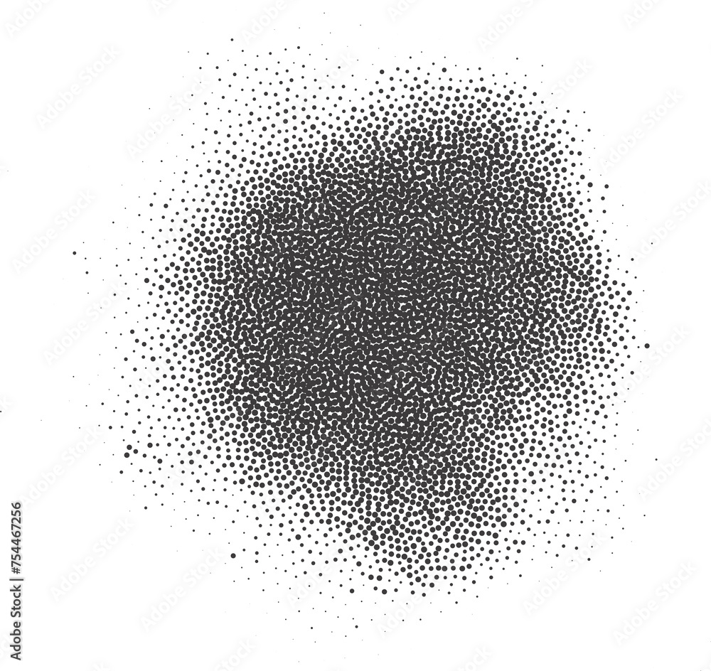 Poster halftone dotted circle shape. stipple blob. noisy abstract design element with grainy shadow texture