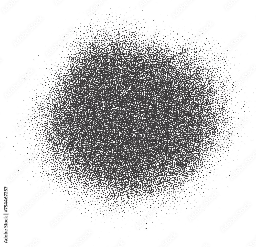 Poster halftone dotted circle shape. stipple blob. noisy abstract design element with grainy shadow texture