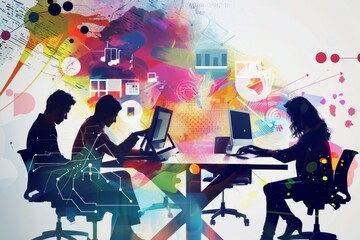 Creative team working with colorful data overlays - Silhouettes of a working team are overlayed with vivid, blended elements of creativity and data interpretation in an office setting - obrazy, fototapety, plakaty