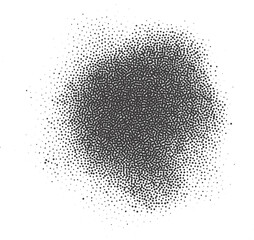 Halftone dotted circle shape. Stipple blob. Noisy abstract design element with grainy shadow texture. Random organic fluid.