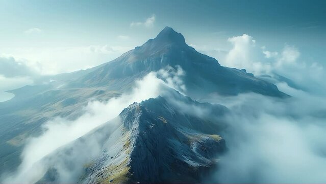 Avery tall mountain surrounded by clouds in the sky