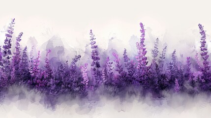 Digital artwork of vibrant purple wildflowers against an ethereal misty background. - obrazy, fototapety, plakaty