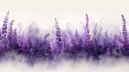 Rolgordijnen Digital artwork of vibrant purple wildflowers against an ethereal misty background. © banthita166