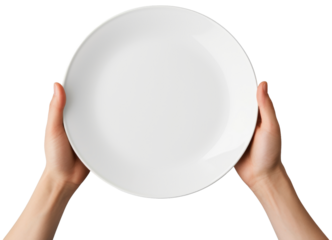 Hands holding a plain white plate, set against a simple and clean background, focusing solely on the hands and the plate, cut out transparent isolated on white background ,PNG file.