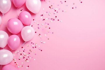 Celebratory pink balloons and confetti on a soft pastel pink background for a party or event.