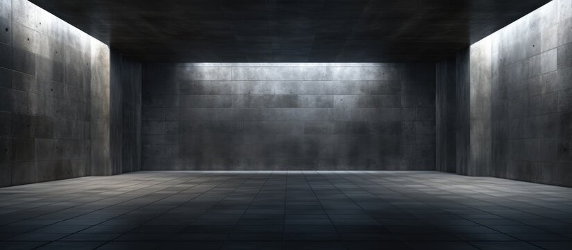 A monochromatic image of an empty room with a concrete interior, illuminated by night lights. The room appears stark and devoid of any furniture or decor, creating a minimalist atmosphere.
