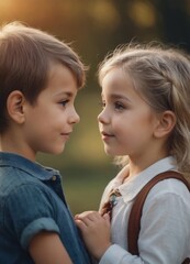 Fototapeta premium Little boy kissed for the first time adorable little girl. Love and romantic concept.