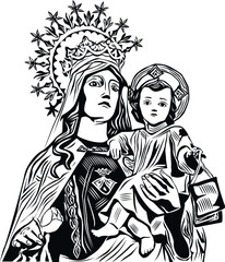 Virgen con niño Jesús en brazos. Ilustración vectorial a una tinta